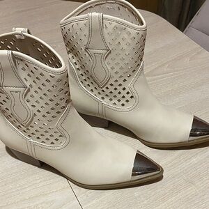 Women’s Cream Perforated Ankle Boots with Metallic Toe